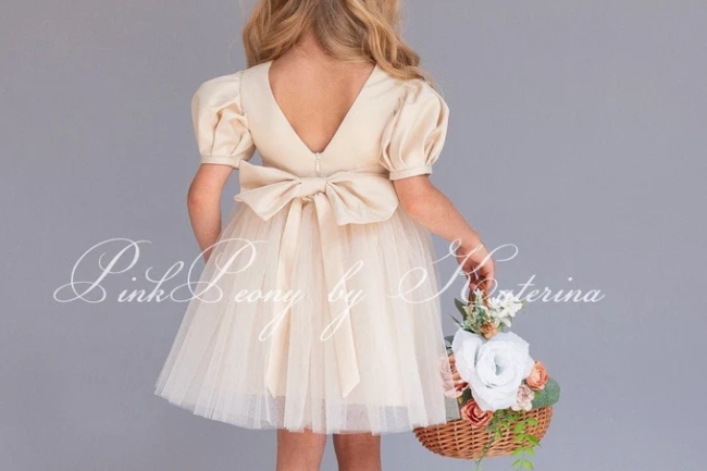 champagne cup sleeve flower girl dress