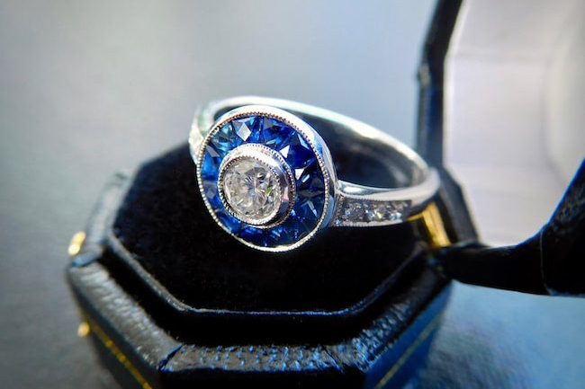 sapphire & Diamond Target Ring Art Deco Style