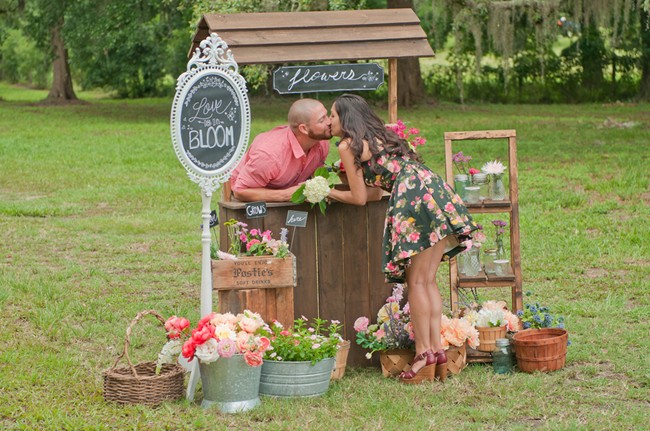 styled engagement photo shoot flower stand