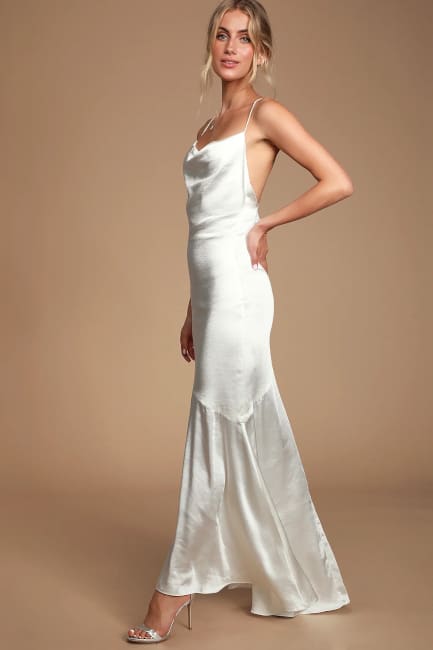 Aisle White Satin Cowl Neck Maxi Dress