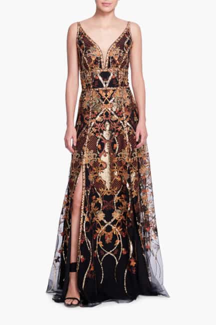 Marchesa Notte Sequin Embroidered Tulle Gown