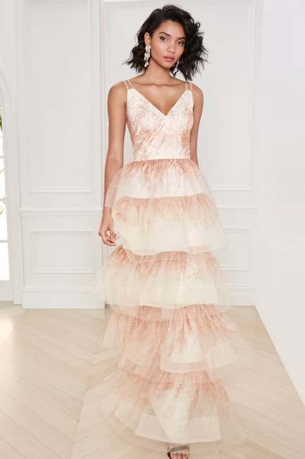 Marchesa Notte Glitter-Tulle Tiered Gown