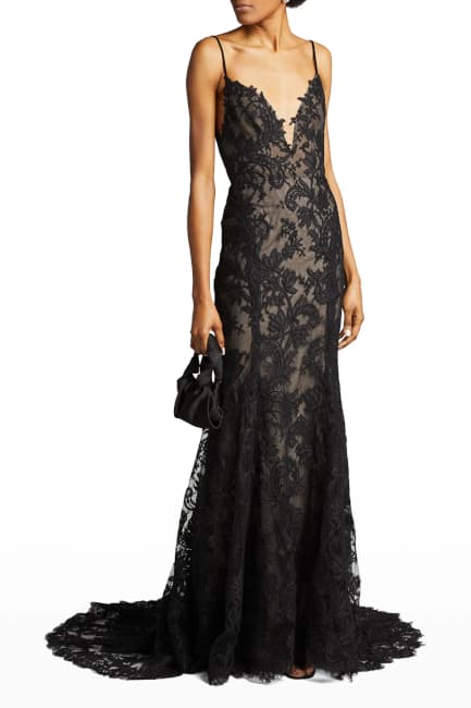 Monique Lhuillier Lace Embroidered Pleated Mermaid Gown