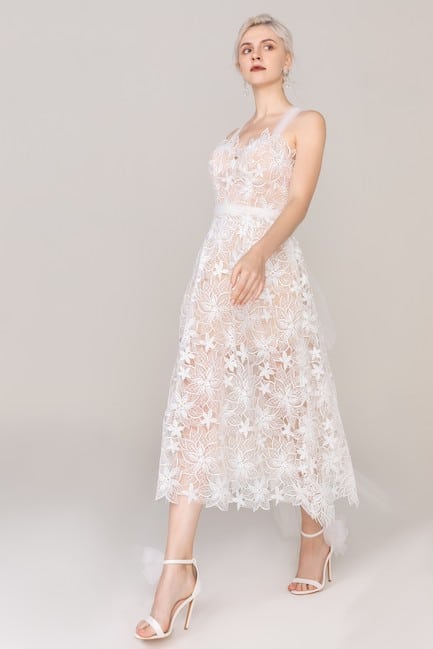 A-Line Tea Length Lace Wedding Dress