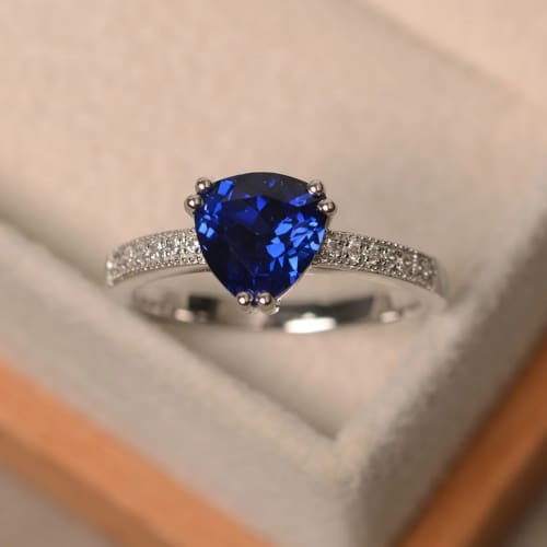 Dark Blue Trillion Cut Sapphire Ring