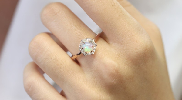 Hexagon Halo Opal Engagement Ring