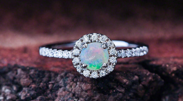 Opal & Diamond Halo Engagement Ring