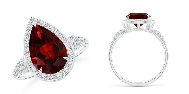 Claw-Set Garnet Cocktail Halo Ring with Diamonds