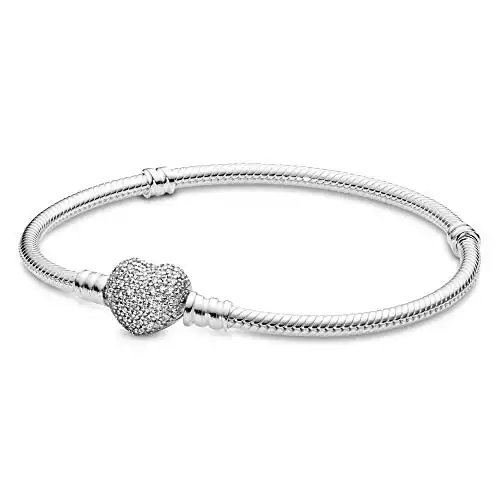 Pandora Jewelry Moments Sparkling Heart Clasp Snake Chain Charm Cubic Zirconia Bracelet in Sterling Silver, 8.3"