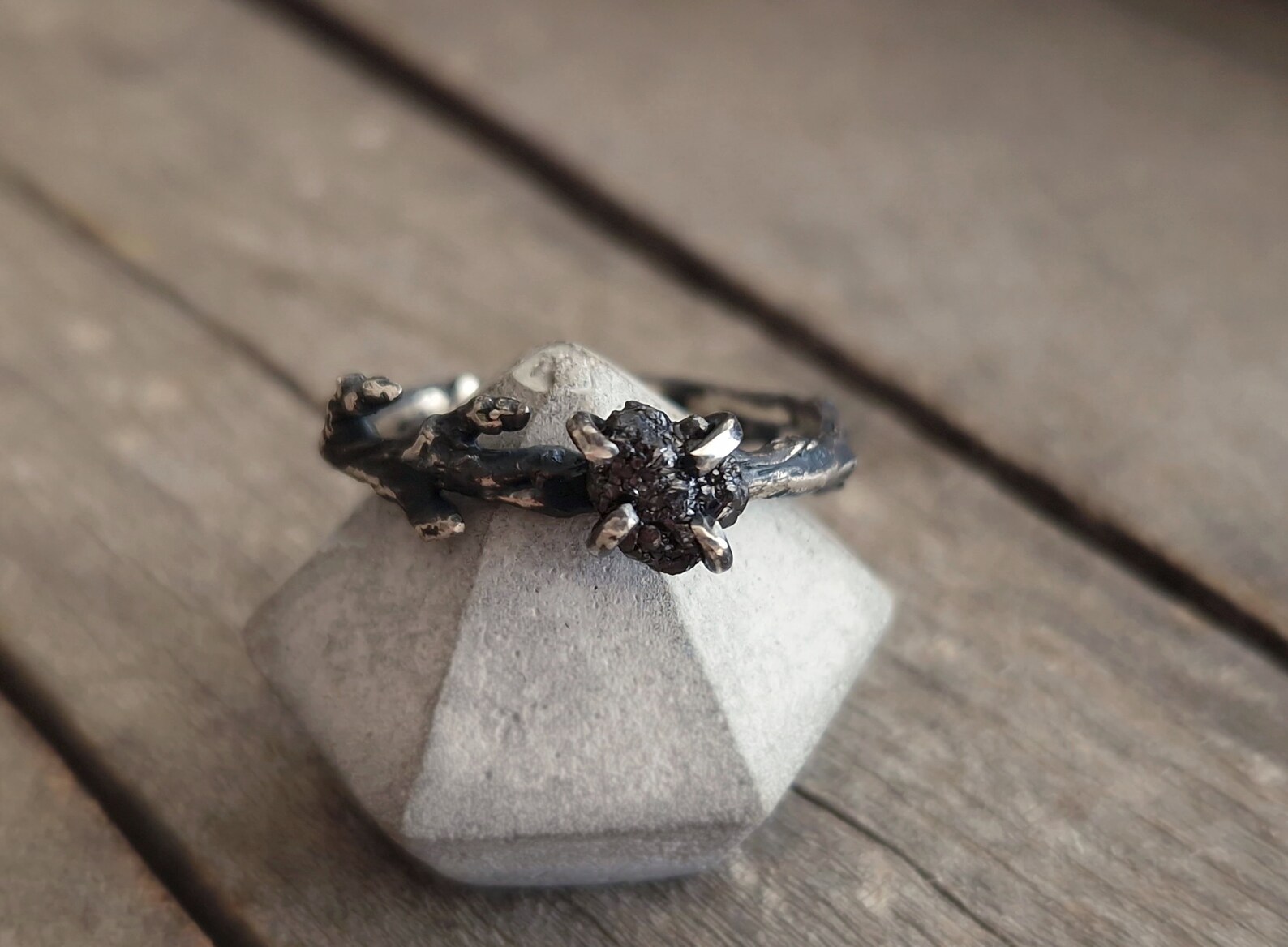 Raw black diamond ring